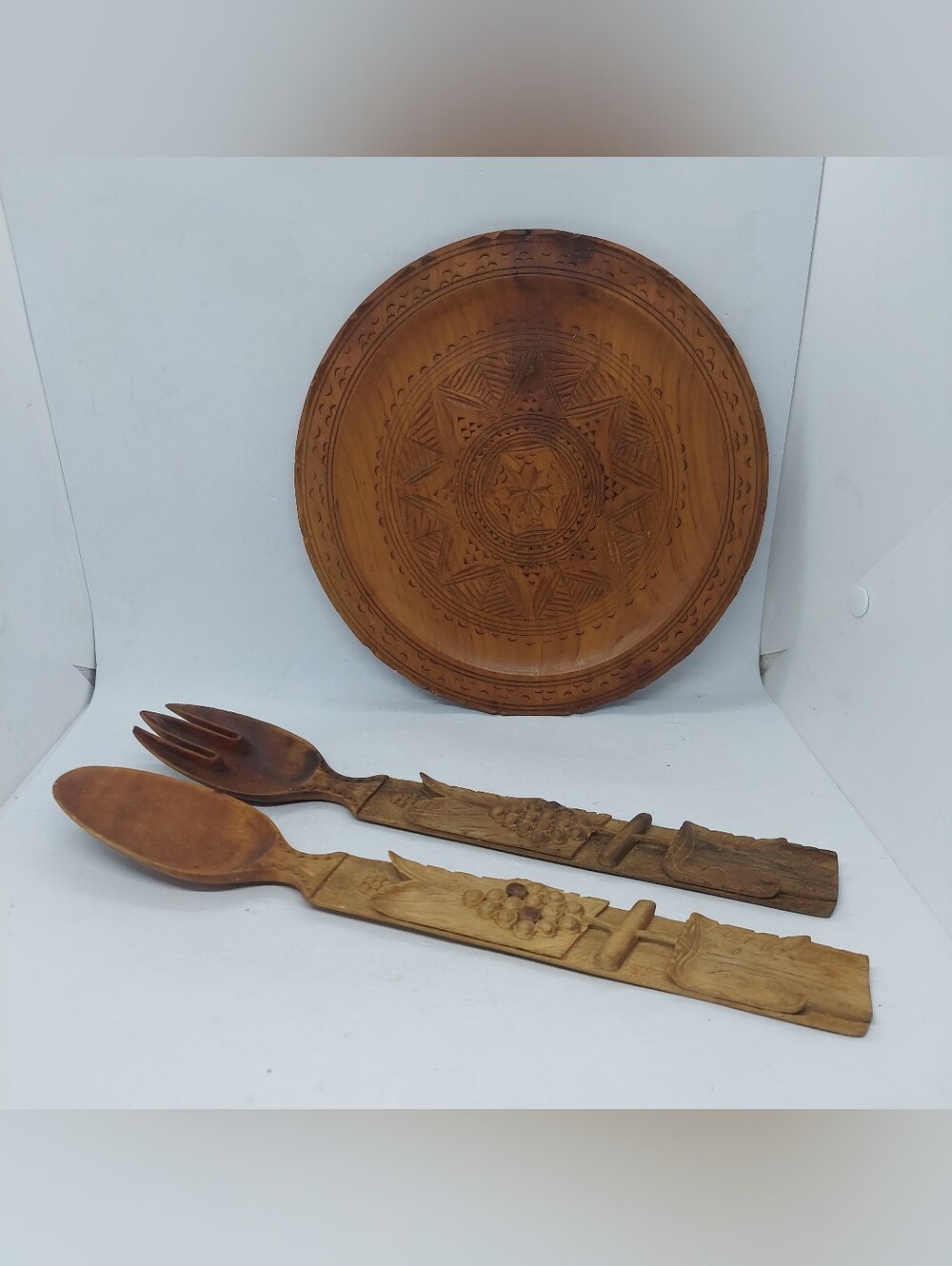 Hand Carved Wooden Plate 10" With Spoon And Fork 13.5" Decorative Set Brown Tan